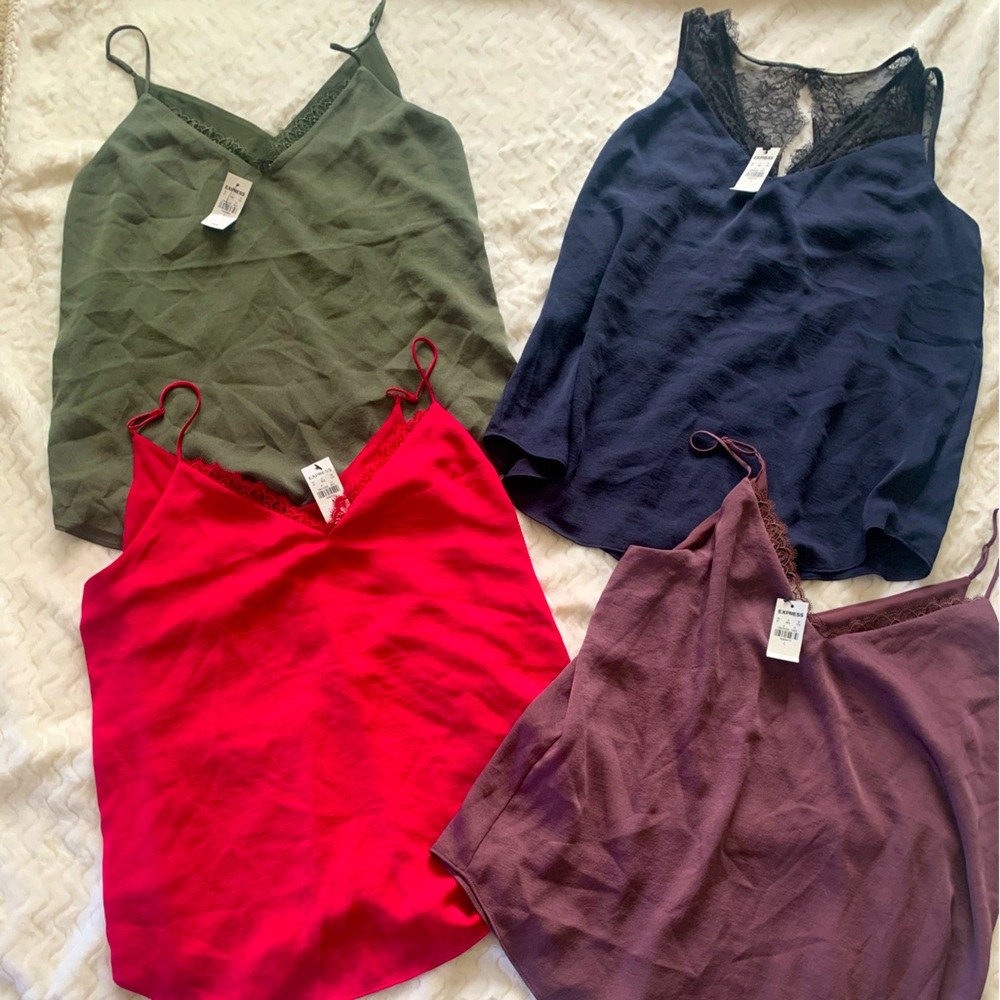 Set of four Express Downtown Lace Trim Camis NWT. All size Large.